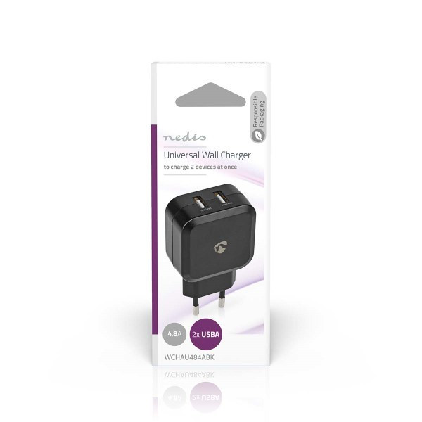 Nedis USB A oplader | Nedis | 2 poorten (USB A, 24W, Zwart) WCHAU484ABK K120200053 - 2