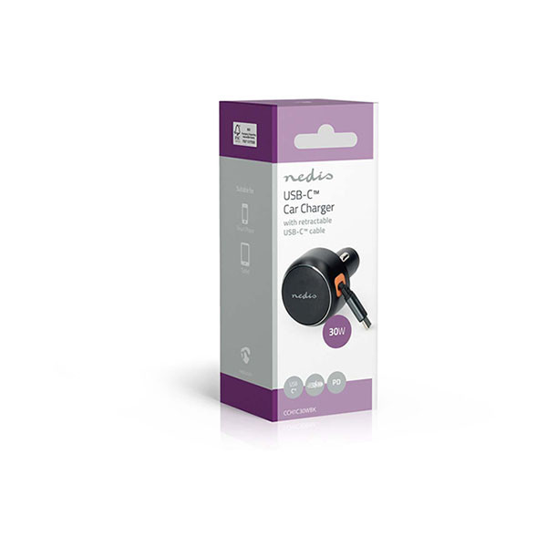 Nedis USB autolader | Nedis | 0.7 meter (USB C, 30W, Intrekbare kabel, Zwart) CCH1C30WBK K010803289 - 7