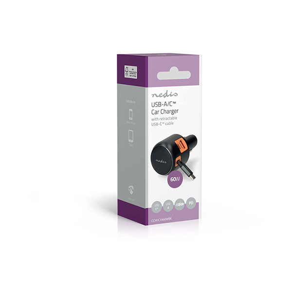 Nedis USB autolader | Nedis | 0.7 meter (USB C, 60W, Intrekbare kabel, Zwart) CCH1C1A60WBK K010803290 - 6
