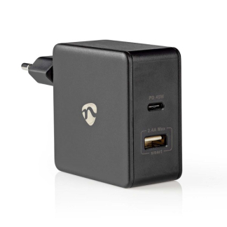 Nedis USB multipoort oplader | Nedis | 2 poorten (USB A en USB C, Power Delivery, 57W, Zwart) WCPD45W100BK K120300209 - 1