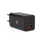 USB multipoort oplader | Nedis | 3 poorten (USB A, USB C, 65W, GaN, Power Delivery, Zwart)