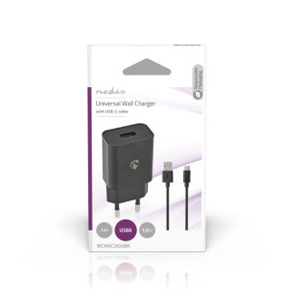 Nedis USB oplader | Nedis | 1 poort (USB A, 12W, USB C kabel, Zwart) WCHAC242ABK K120300261 - 2