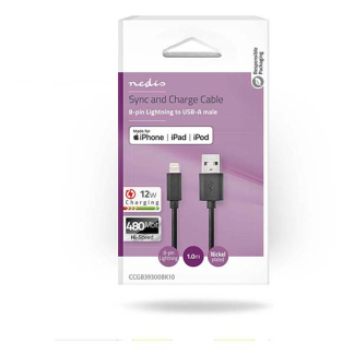 Nedis iPad oplaadkabel | USB A ↔ Lightning | 1 meter (USB 2.0, 480 Mbps, Zwart) CCGB39300BK10 CCGP39300BK10 A010901137 - 4
