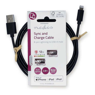 Nedis iPhone oplaadkabel | USB A ↔ Lightning | 2 meter (USB 2.0, Zwart) CCGB39300BK20 CCGL39300BK20 CCGP39300BK20 O010901141 - 3