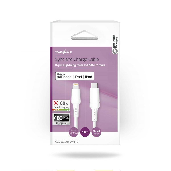 Nedis iPhone oplaadkabel | USB C ↔ Lightning | 1 meter (Wit) CCGW39650WT10 A010214040 - 2