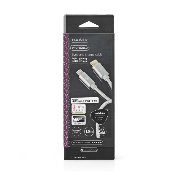 Nedis iPhone oplaadkabel | USB C ↔ Lightning | 2 meter (Nylon, Aluminium) CCTB39650AL20 A010214043 - 2
