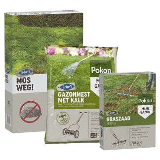 Compleet gazonpakket | Pokon | 125 m² (Gazonmest mest kalk, graszaad en mosbestrijder)