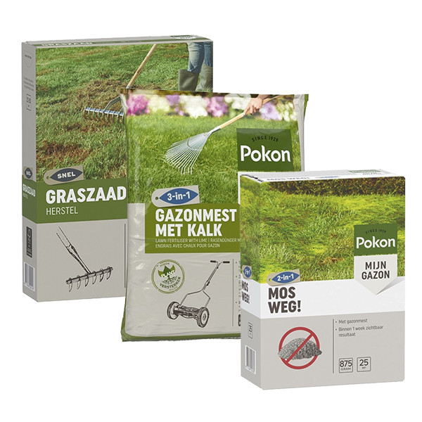 Pokon gazonmest met kalk 3in1 + Pokon Mos Weg + Pokon graszaad