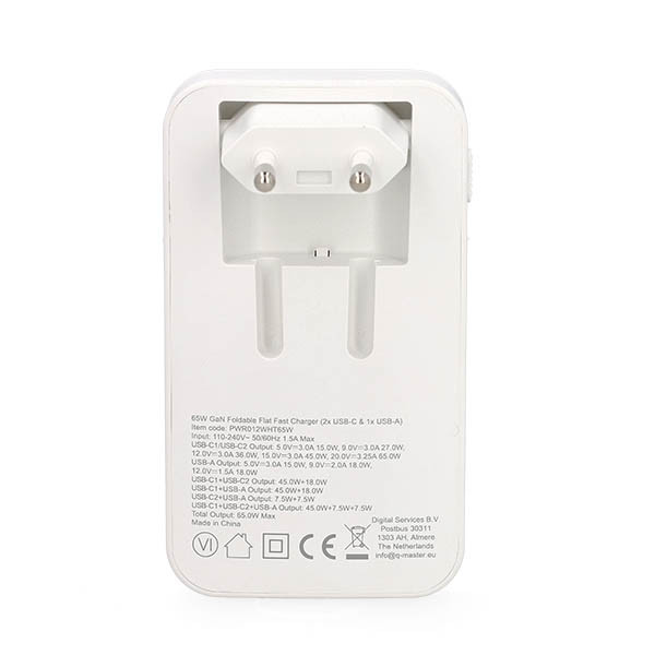 Q-Master GaN Mini snellader | Q-Master | 65W (USB A + 2 x USB C, Wit) PWR012WHT65W K000000055 - 4