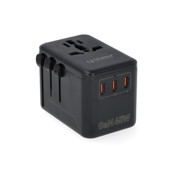 Q-Master Reisoplader | Q-Master | Type A, B, C, E, F, G, H, I, J, K en L naar Type A, C, G en I | 4 poorten | 45W (1x USB A, 3x USB C) PWR001BLK45W K000000040 - 2