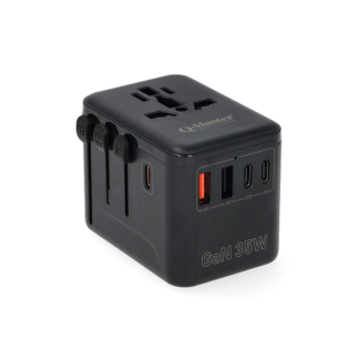 Q-Master Reisoplader | Q-Master | Type A, B, C, E, F, G, H, I, J, K en L naar Type A, C, G en I | 5 poorten | 35W (Uitschuifbaar, 2x USB A, 3x USB C) PWR001BLK35W K000000039 - 2