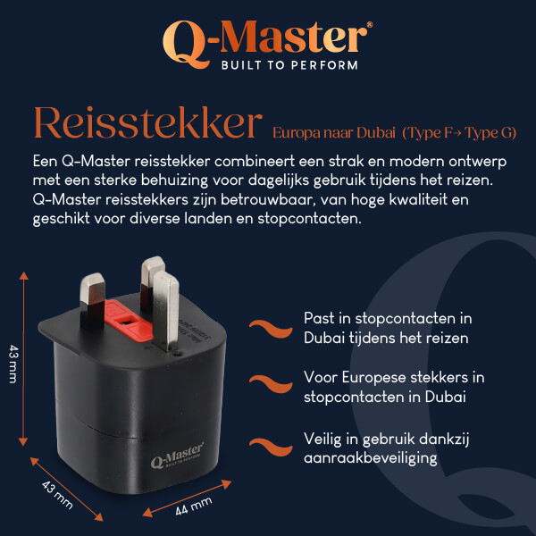Q-Master Reisstekker | Q-Master | Europa naar Dubai (Geaard, Type F → Type G, Aanraakbeveiliging) PWR003BLKEUK E000000044 - 5