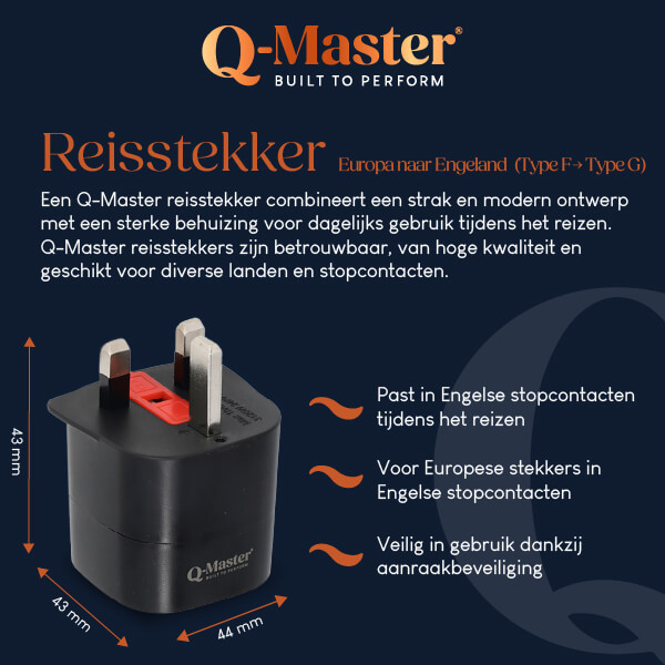 Q-Master Reisstekker | Q-Master | Europa naar Engeland (Geaard, Type F → Type G, Aanraakbeveiliging) PWR003BLKEUK K000000044 - 6