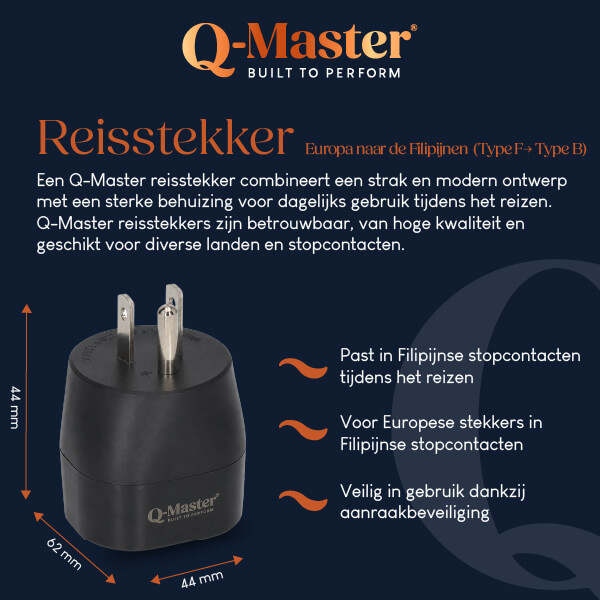 Q-Master Reisstekker | Q-Master | Europa naar de Filipijnen (Geaard, Type F → Type B, Aanraakbeveiliging) PWR003BLKEUS E000000043 - 5