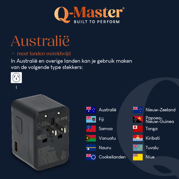 Q-Master Universele reisstekker met USB | Q-Master | Wereld naar Wereld | 35W (Uitschuifbaar, 2x USB A, 3x USB C) PWR001BLK35W K000000039 - 10