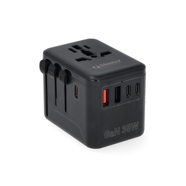 Q-Master Universele reisstekker met USB | Q-Master | Wereld naar Wereld | 35W (Uitschuifbaar, 2x USB A, 3x USB C) PWR001BLK35W K000000039 - 2