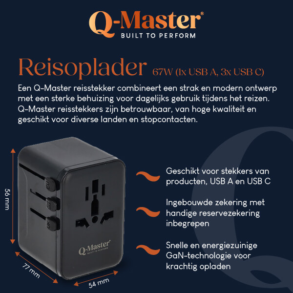 Q-Master Universele reisstekker met USB | Q-Master | Wereld naar Wereld | 67W (Uitschuifbaar, 1x USB A, 3x USB C) PWR001BLK67W K000000041 - 7