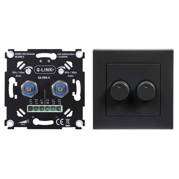 Q-link Halogeen duo dimmer | Q-link (Inbouw, 2 x 200W, Met centraalplaat, Zwart) 66.099.46 B010809834 - 1
