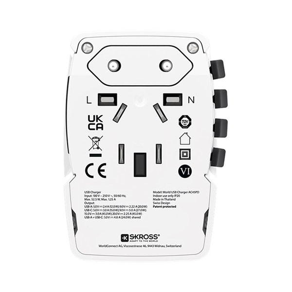 Skross Reisoplader | Skross | World AC45PD | Type B, C, F, G, I, J en N | 2 poorten | 45W (Uitschuifbaar, 1x USB A, 1x USB C) 75254 K050801108 - 4