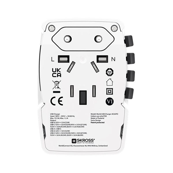 Skross Reisoplader | Skross | World AC65PD | Type B, C, F, G, I, J en N | 2 poorten | 65W (Uitschuifbaar, 1x USB A, 1x USB C) 75255 K050801109 - 2
