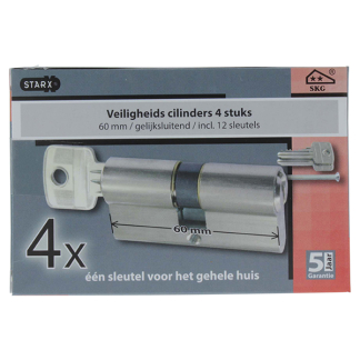 Starx Cilinder | Starx | 4 stuks (Dubbel, Gelijksluitend, SKG**, 30/30 mm, Vernikkeld, 12 sleutels) 8740311 K010808134 - 
