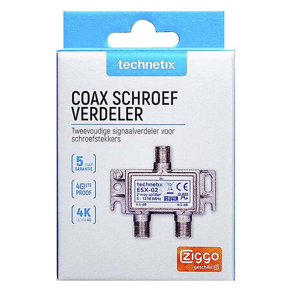 Technetix KabelKeur F connector splitter - Technetix (2-weg, 4.5 dB, Ziggo gecertificeerd) 19008530 ESX-02 C030408109 - 3