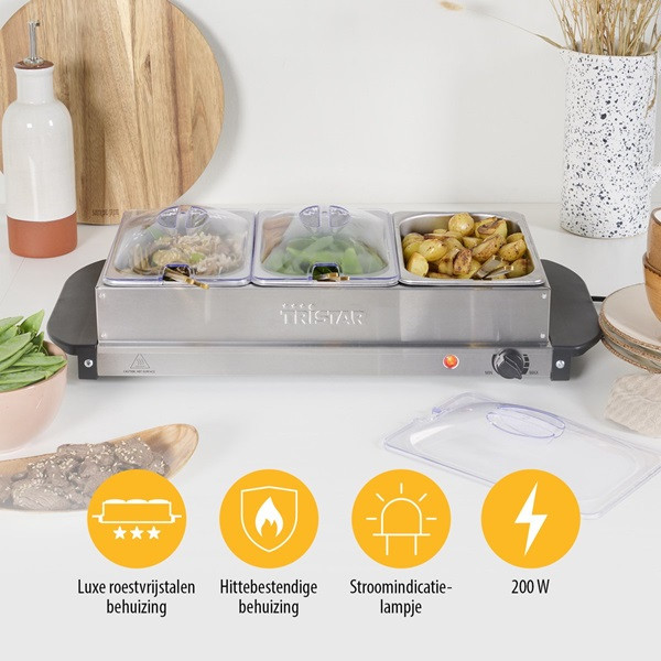 Tristar Warmhoudplaat | Tristar | 3 x 1.4 liter (200W, RVS, Deksel) BP-6283 K170109016 - 5