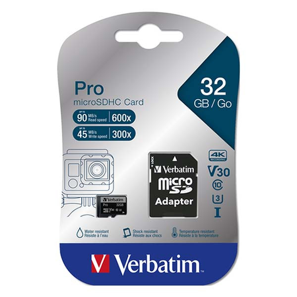Verbatim Micro SDHC kaart met adapter | Verbatim | 32 GB (Pro, Class 10, Water- en schokbestendig) 47041 K170301116 - 3