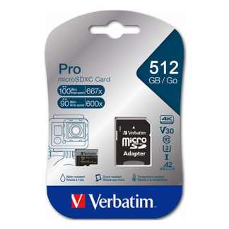 Verbatim Micro SDXC kaart met adapter | Verbatim | 512 GB (Pro, Class 10, Water- en schokbestendig) 47046 K170301118 - 3
