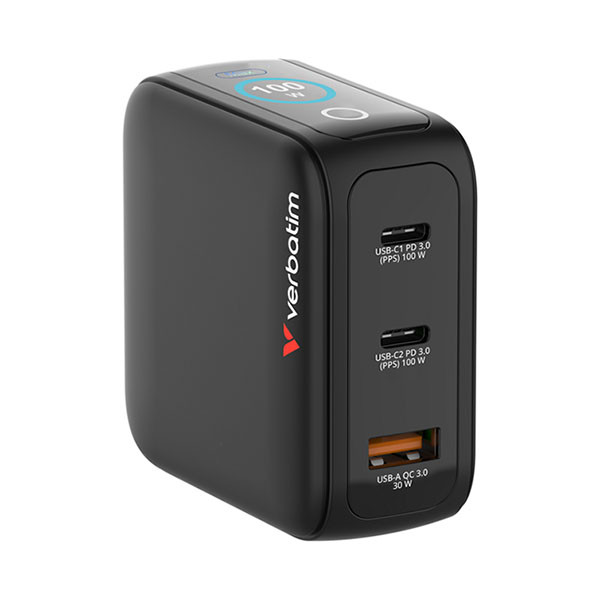 Verbatim Reisoplader | Verbatim | Mini GaN Charger | Type A, C en G | 3 poorten | 100W | (1x USB A, 2x USB C, Scherm) 30239 K050801130 - 3