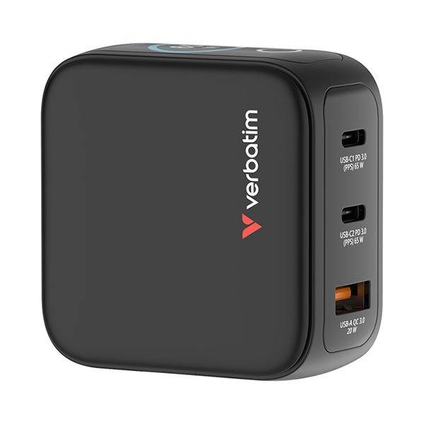 Verbatim Reisoplader | Verbatim | Mini GaN Charger | Type A, C en G | 3 poorten | 65W (1x USB A, 2x USB C, Scherm) 30238 K050801129 - 1