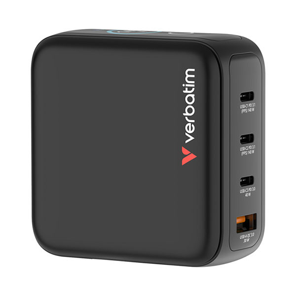 Verbatim Reisoplader | Verbatim | Mini GaN Charger | Type A, C en G | 4 poorten | 140W (1x USB A, 3x USB C, Scherm) 30240 K050801131 - 1