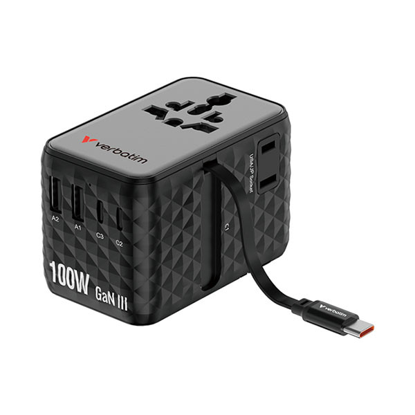 Verbatim Universele reisstekker met USB | Verbatim | Charge n Travel | Wereld naar Wereld | 100W (Uitschuifbaar, 2x USB A, 3x USB C, Zwart) 30191 K050801126 - 1