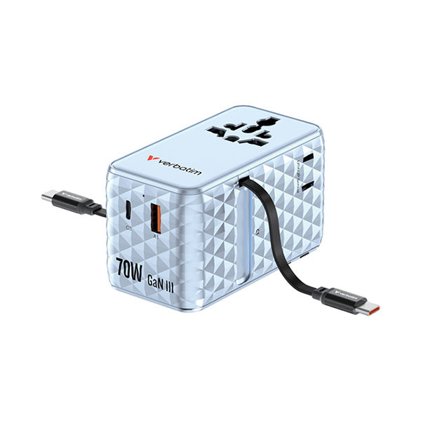 Verbatim Universele reisstekker met USB | Verbatim | Charge n Travel | Wereld naar Wereld (Uitschuifbaar, 1x USB A, 3x USB C, Blauw) 30187 K050801124 - 1