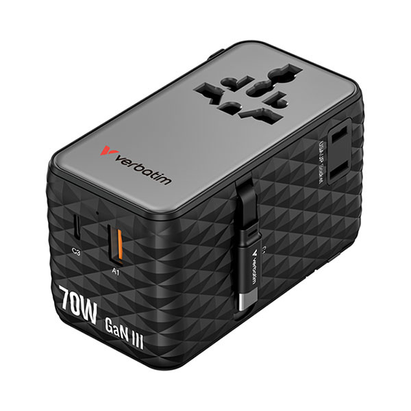 Verbatim Universele reisstekker met USB | Verbatim | Charge n Travel | Wereld naar Wereld (Uitschuifbaar, 1x USB A, 3x USB C, Zwart) 30186 K050801123 - 2