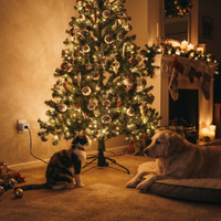 Huisdieren bij kerstboom